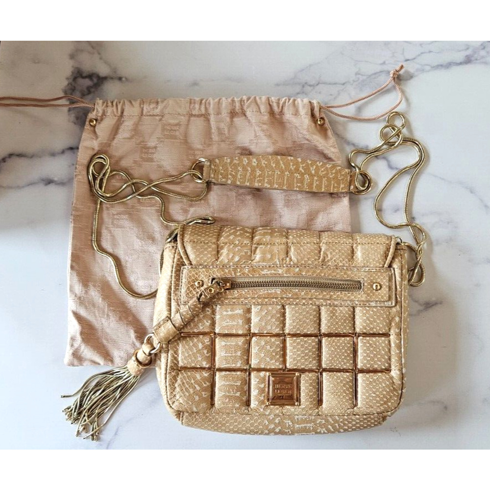 Herve‎ Leger Purse Tan Gold Lamb Leather Quilted Handbag Snake Chain Strap Mini